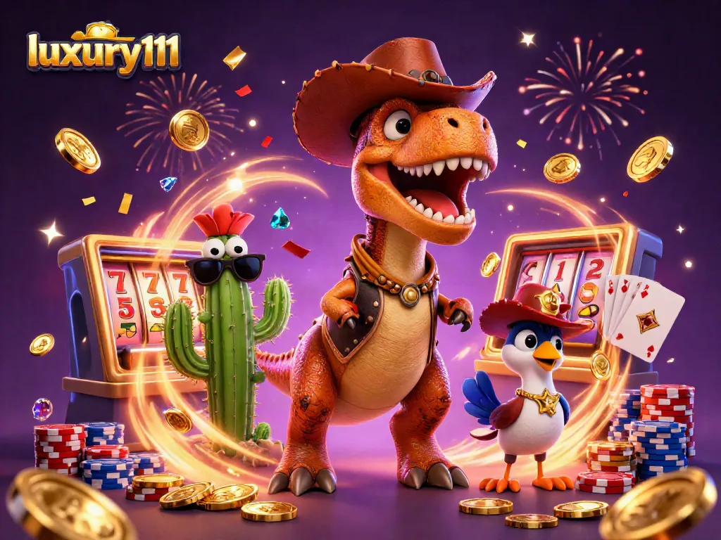 Win big at luxury111 casino with a thrilling scene of a T-Rex, cactus, and roadrunner amidst festive gambling elements.