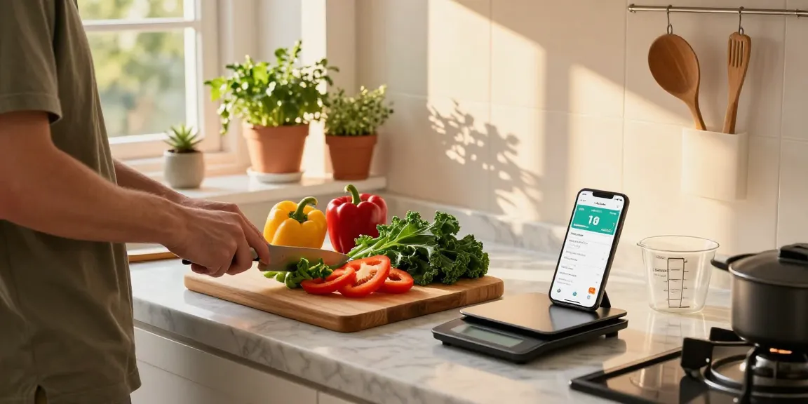 Preparing a healthy meal in a home kitchen with the best calorie tracking app visible on a smartphone screen.