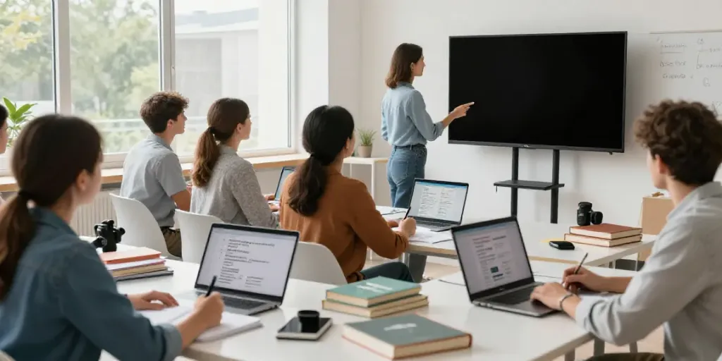 Situs togel engaging online English course with diverse students learning collaboratively in a bright virtual classroom.