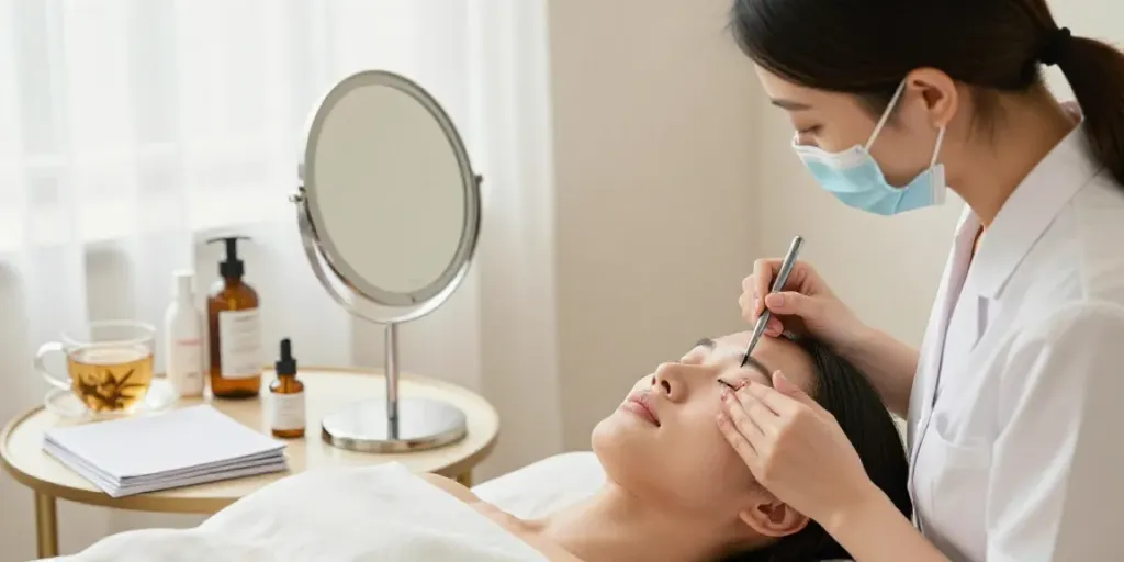 Augenringe abdecken with professional CCeye® treatment in a serene beauty room.