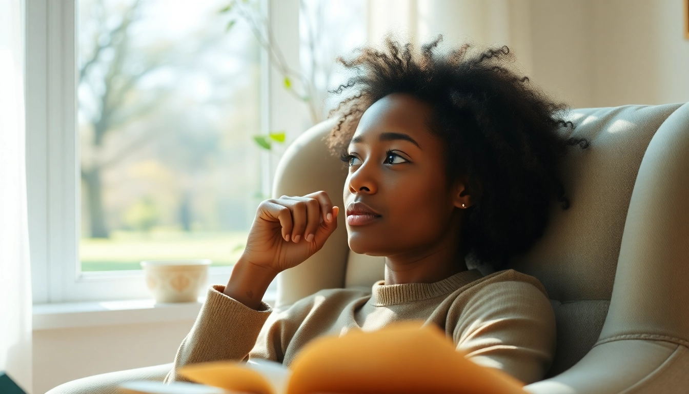 Individual reflecting on depression symptoms in a sunlit, serene room.