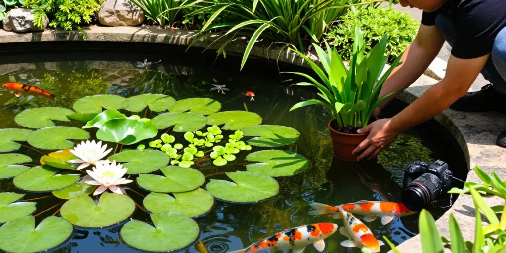 Buy Pond Plants Online: A gardener adding vibrant aquatic plants to a sunny garden pond, enhancing aesthetics and ecosystem.