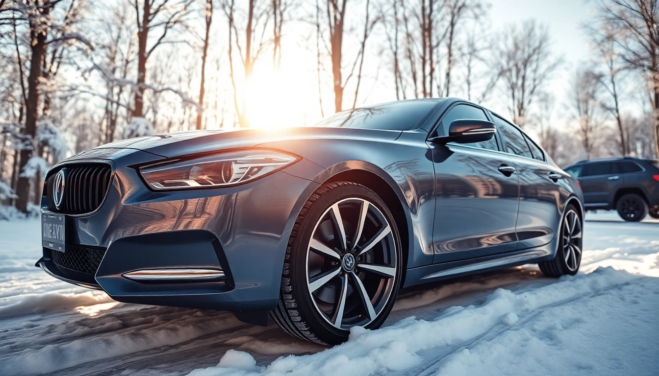 Illustration of PPF winter road salt protection on a car in a snow-covered environment.