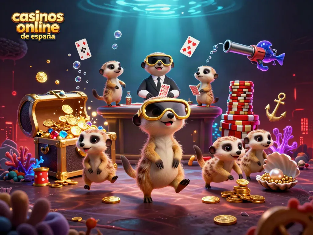 Ganando en casinos online de España con divertidos y hábiles suricatos operando un casino colorido.