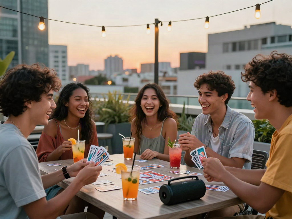 Friends playing interactive rokok88-themed game at a rooftop gathering.