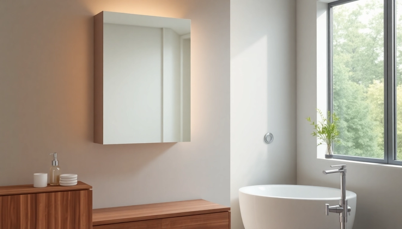 Stylish mirrored bathroom cabinet with light enhancing the modern bathroom aesthetic.
