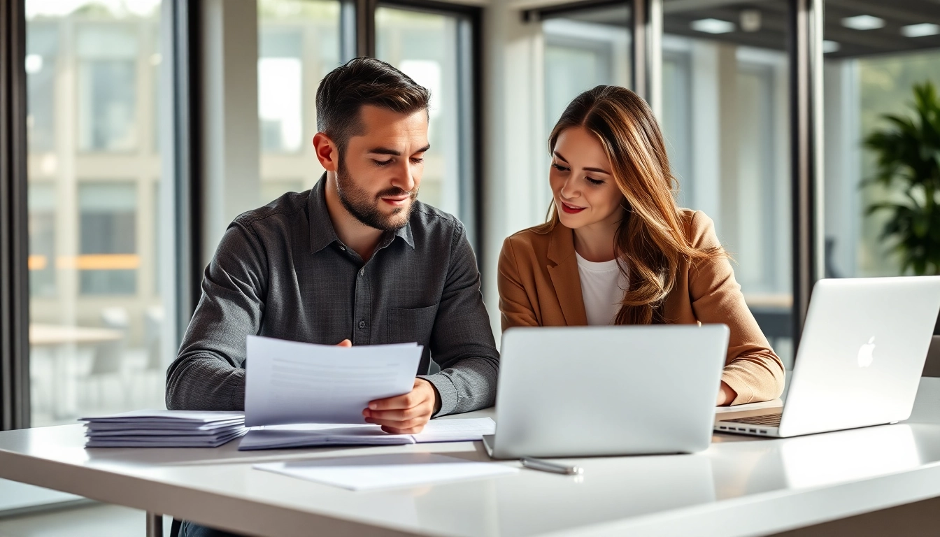 Couple discussing Life insurance options at a modern desk with a laptop and documents.