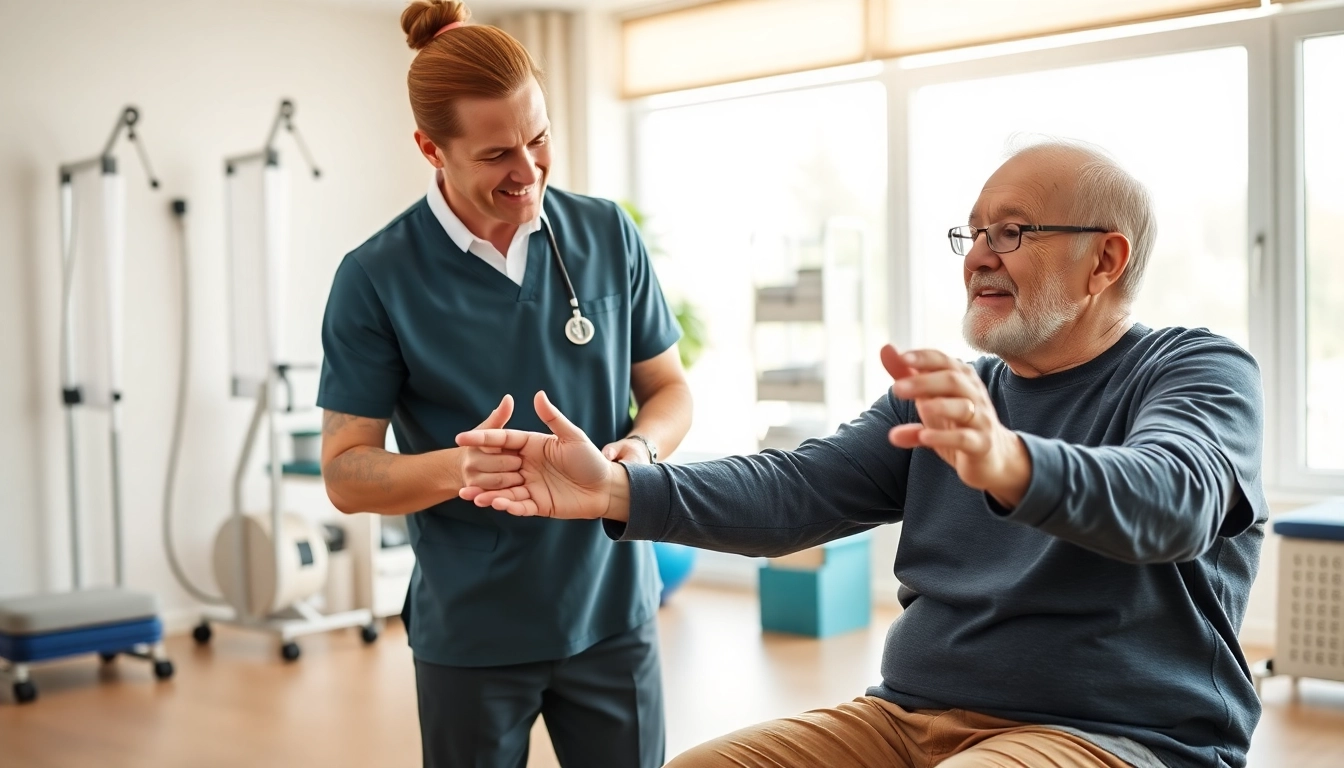 Engaging senior physiotherapy session in Edmonton with a patient and therapist.