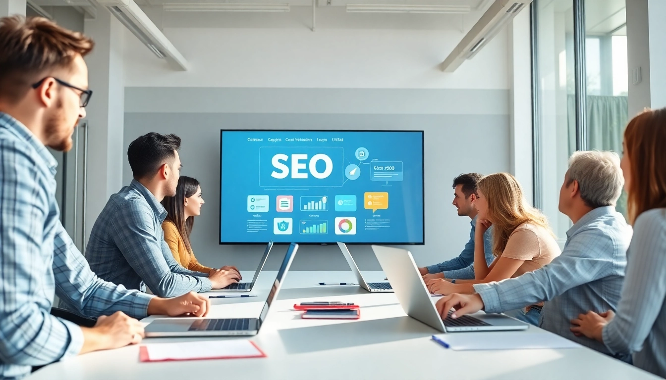Strategien für SEO für Handwerker in einer modernen Büroumgebung diskutieren.