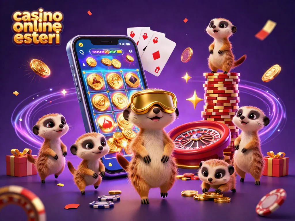 Casinò online esteri: un gruppo di suricati gestisce un'operazione di casinò animata con giochi e premi.