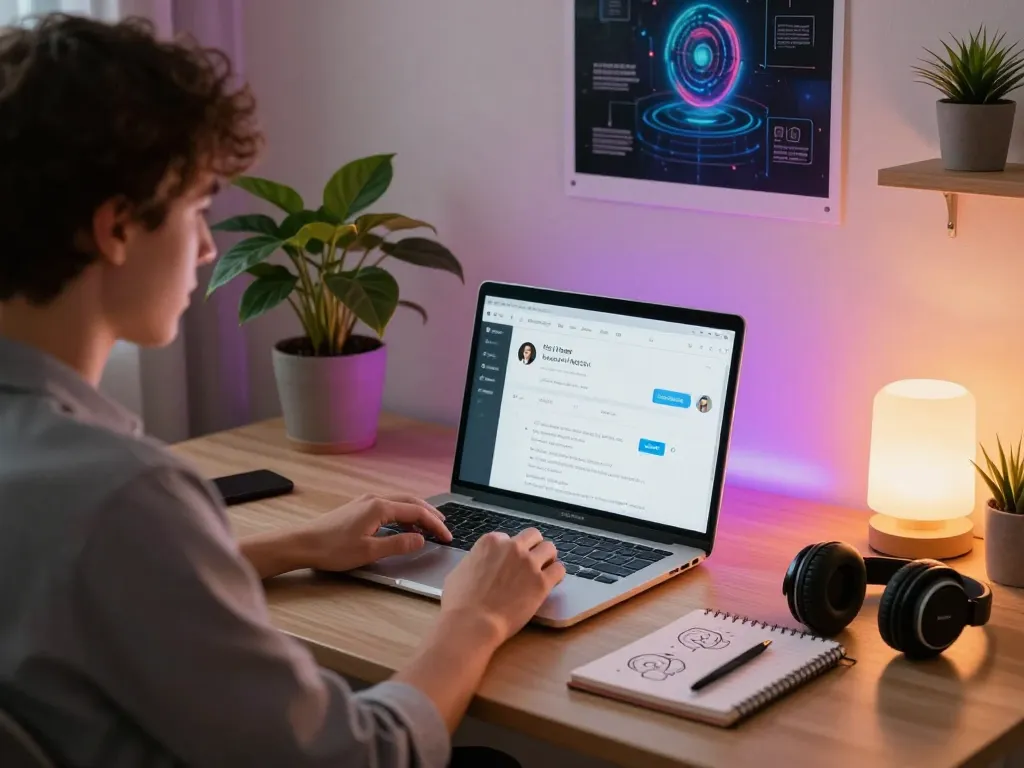 Browsing ia +18 content in a modern home office setup with cozy lighting.