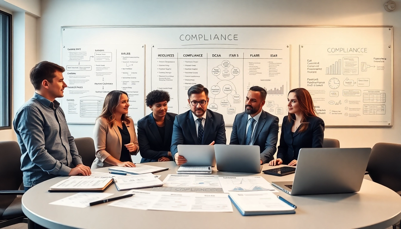 Consultants collaborating on FCPA/DCAA/Flowdown/ITAR/EAR compliance solutions in a workshop.