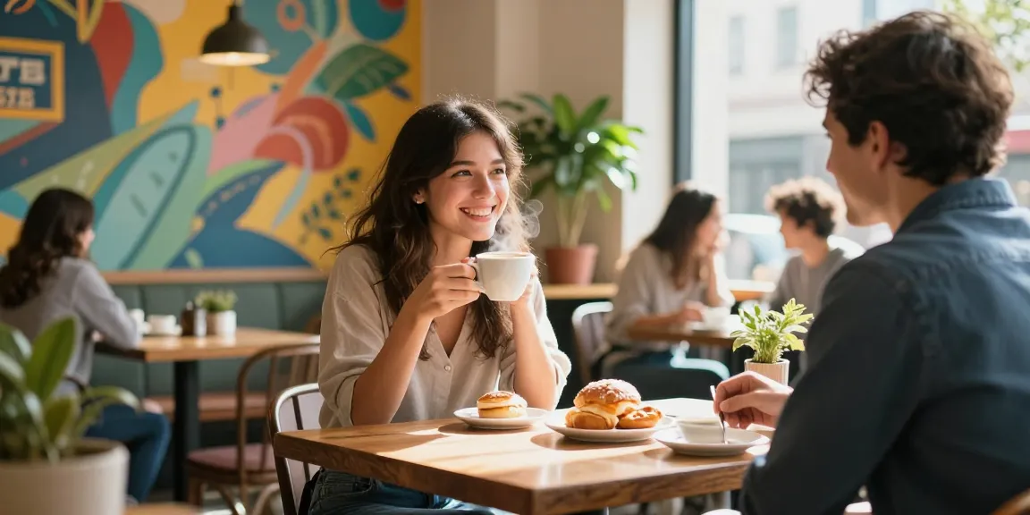 Young woman with a crush on someone, enjoying coffee in a cozy café atmosphere.