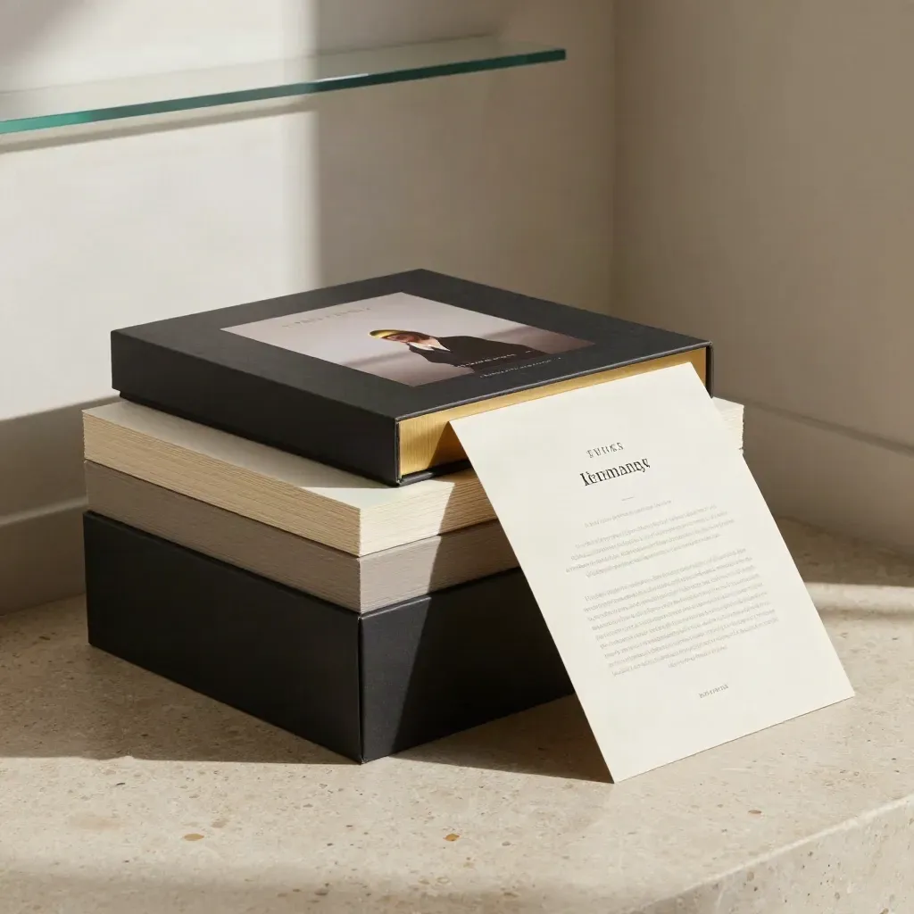 Black presentation box, ivory proof deck, and mock packaging cascading in a luxe studio setting.