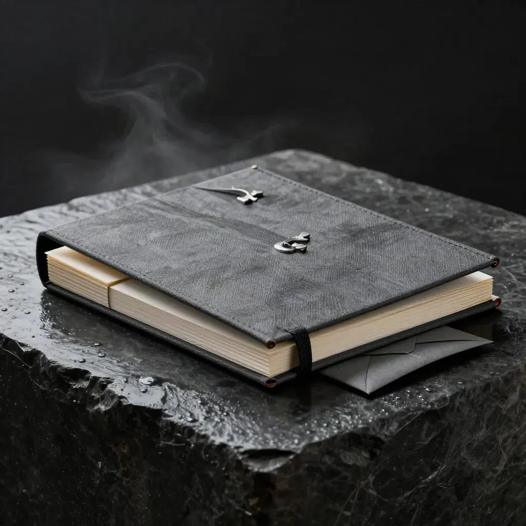 Charcoal brand strategy folio, tabbed cards, and proof envelope on wet stone with vapor