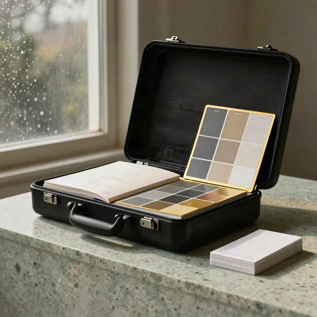 Open matte-black brand suite case with gold-edged cards and swatches on travertine after rain.