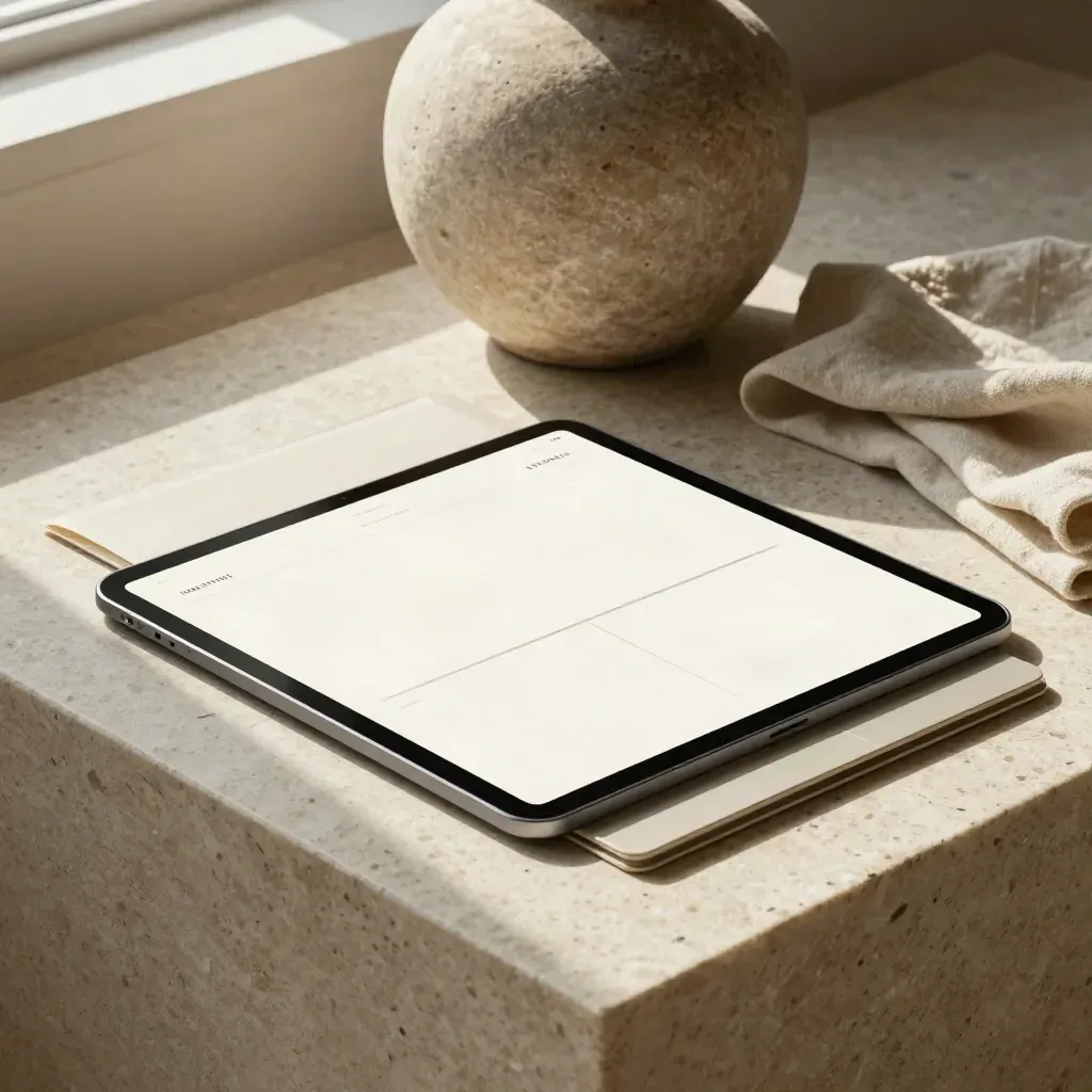 Sleek tablet website kit beside stone vase and folded linen in soft daylight