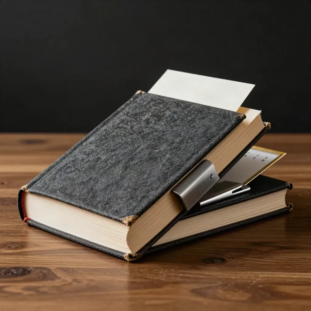 Clothbound style guide book open beside brushed metal, gilded edges and tabs in soft haze.