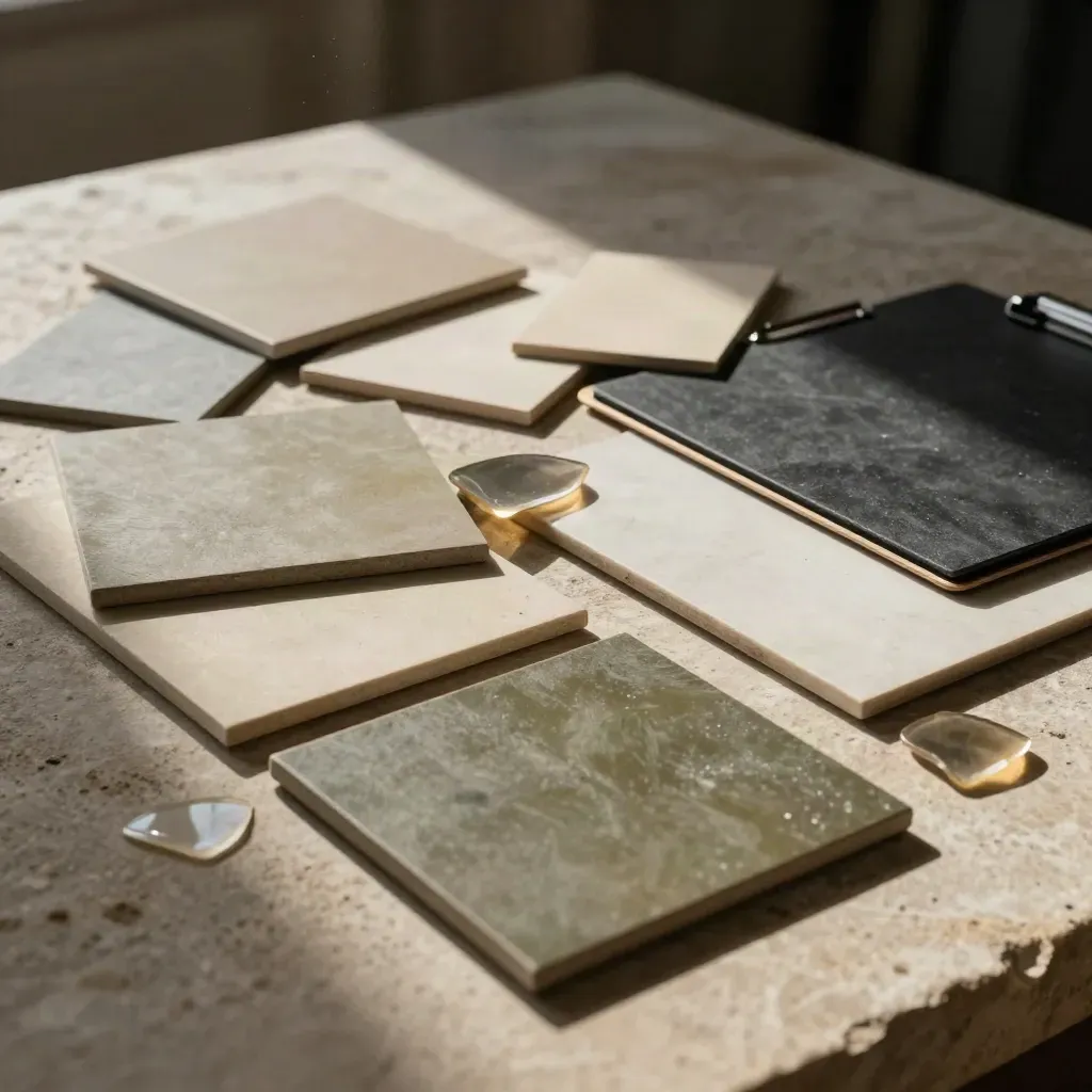 Diagonal art direction kit on a stone table with sample tiles, boards, clipboard, gold accents and dust.