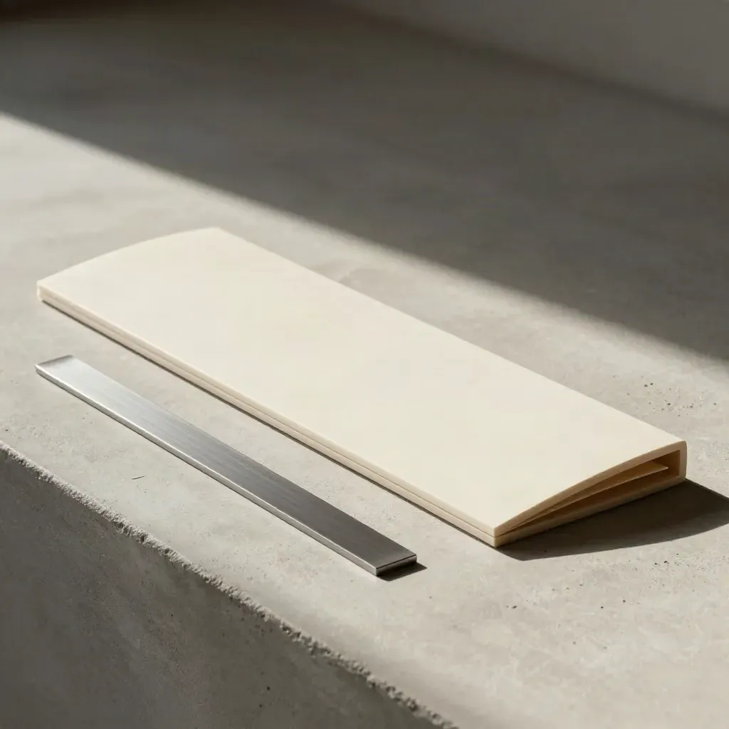 Overhead flatlay of ivory header panels, folded board, and spacer strips on pale concrete.