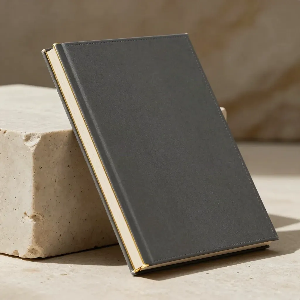 Macro of a press kit cover with gilt edge and ribbon leaning on stone.