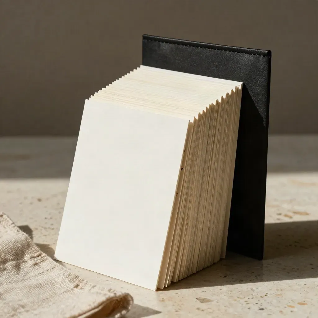 Black sleeve with tall blank cards and proof tiles on travertine beside folded linen