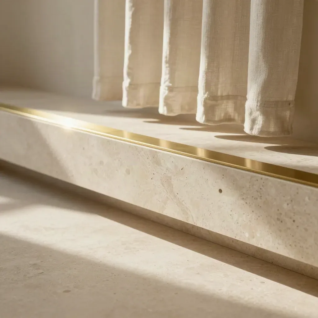Travertine ledge with brass shelf and linen curtain in soft sunlight