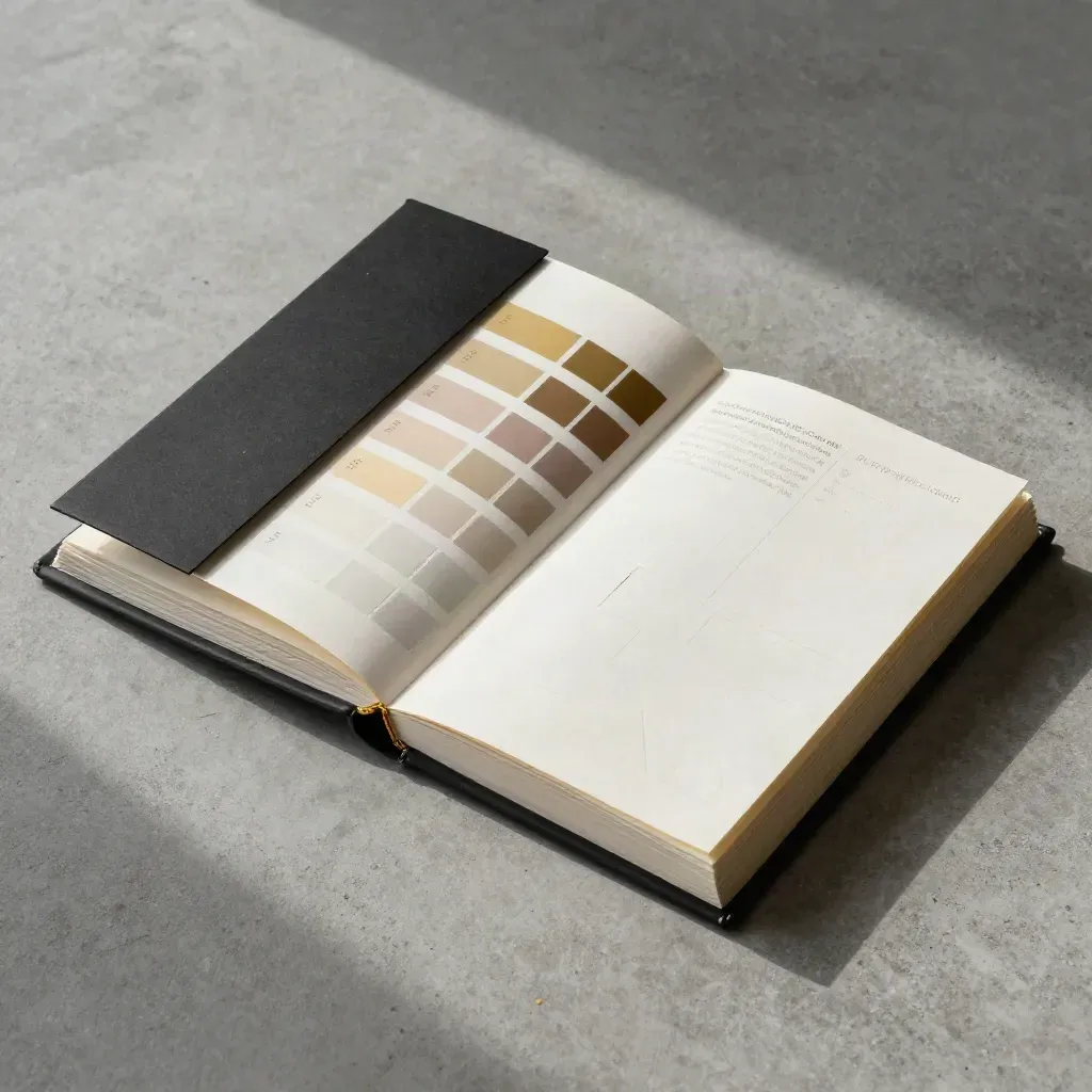 Overhead flatlay of an open presentation deck with gold accents and color chips on concrete.