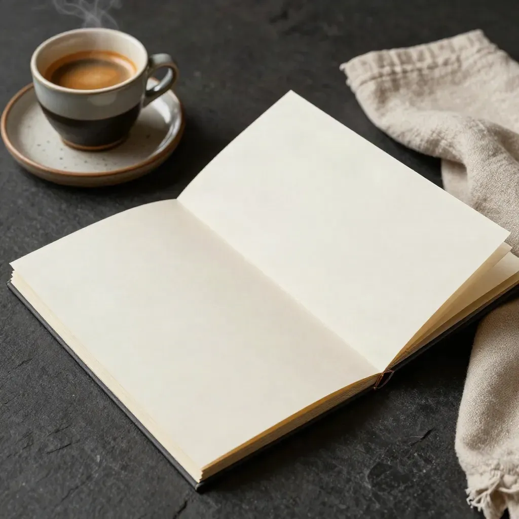 Luxury café menu kit with folded boards, espresso cup, coaster and linen napkin on black stone.