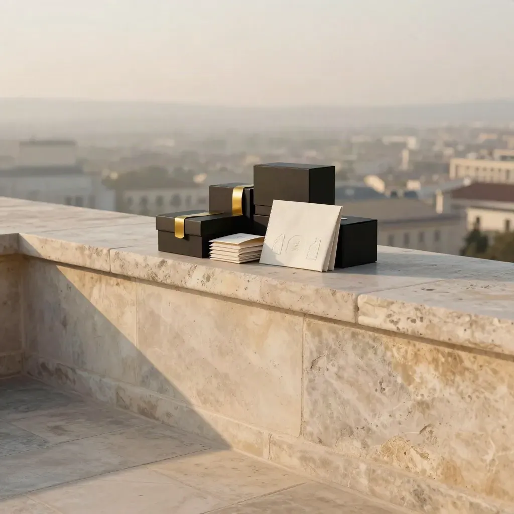 Pale stone rooftop terrace with luxury packaging boxes in warm golden hour haze