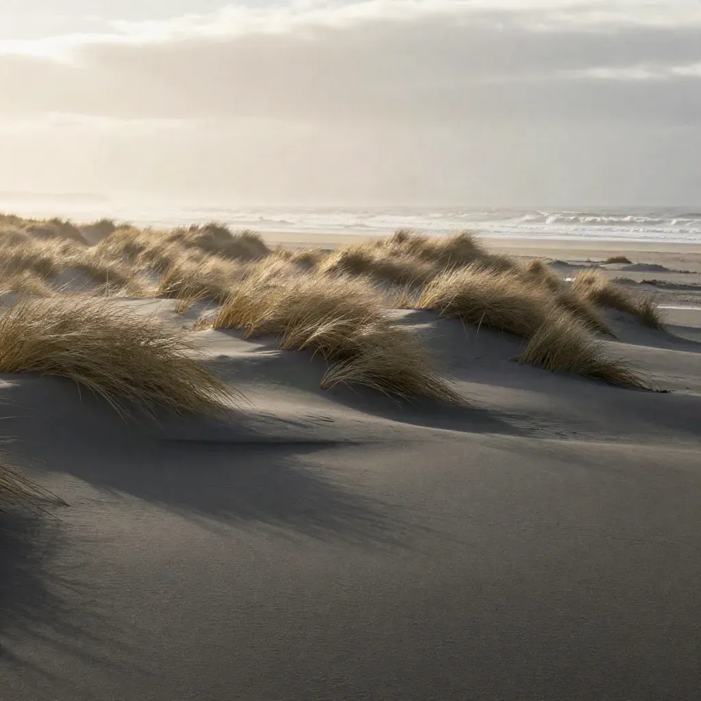 Wind-bent dune grass above dark sand and misty sea under a brooding sky.