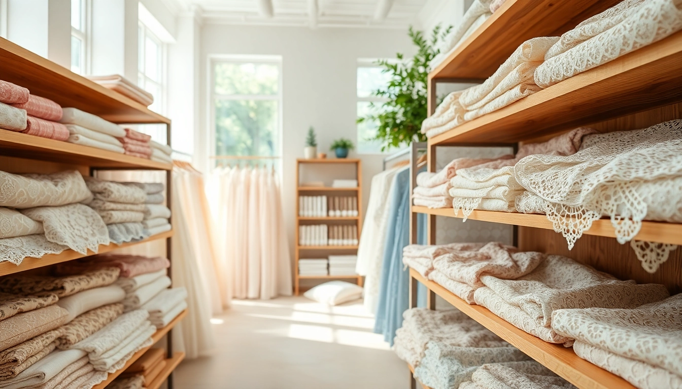 Kant stof voor kleding in een boutique, verlicht door natuurlijke lichtstralen.