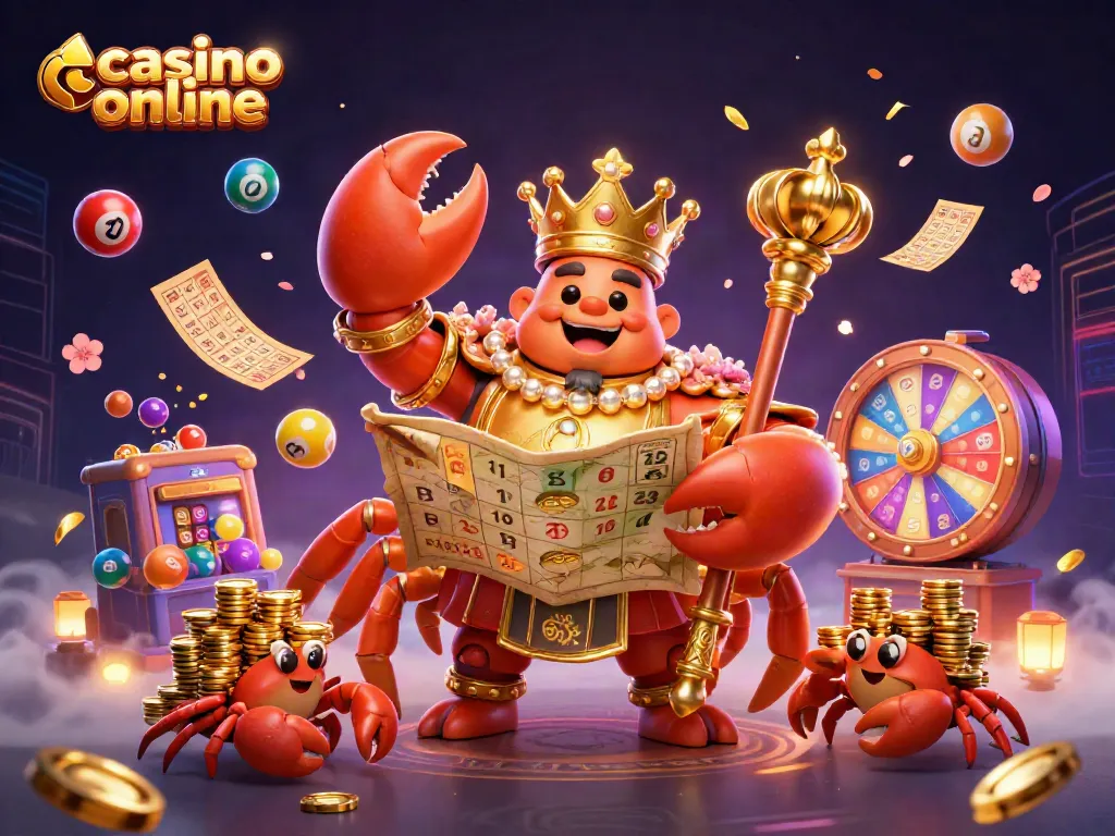 Disfruta de la emoción del casino online con un cangrejo real y elementos de lotería coloridos.