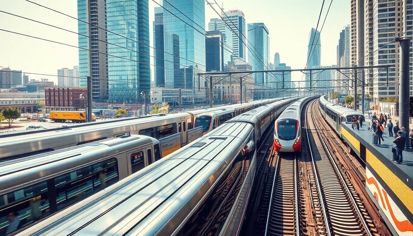 Explore rail systems operating in a bustling urban environment filled with trains and commuters.