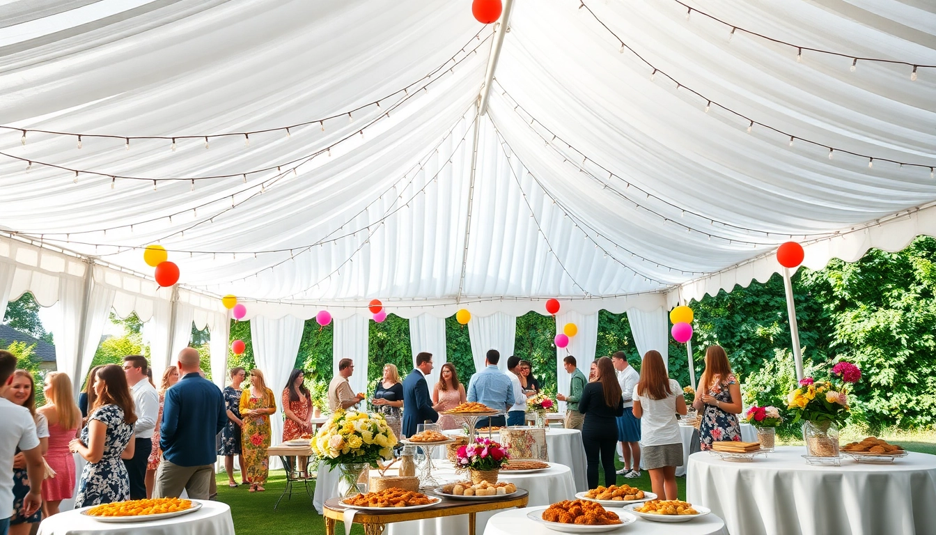 Celebrate with Party Tent Rentals, featuring a beautifully adorned tent full of guests and decorations.