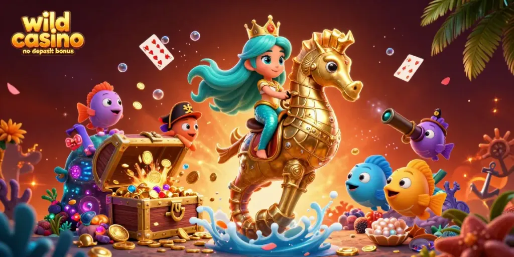 Experience the wild casino no deposit bonus with vibrant mermaid and golden seahorse in an epic underwater adventure.