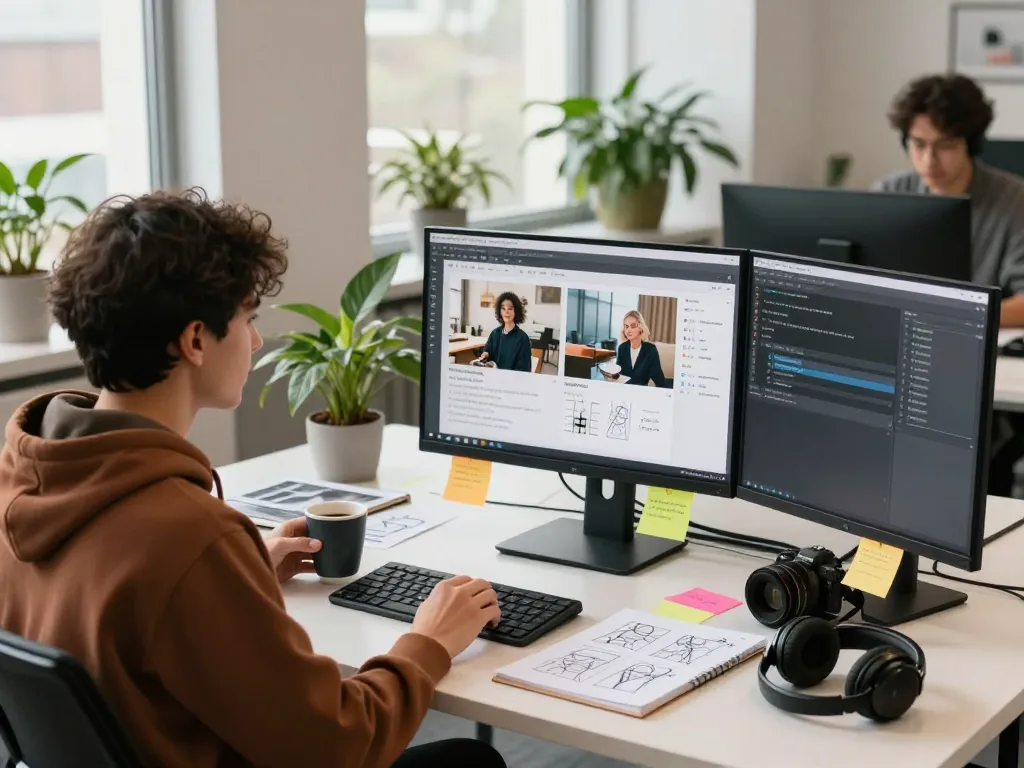 Transform images to prompts using AI in a vibrant tech workspace.