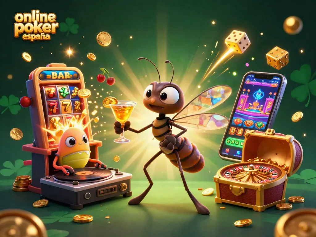 Disfruta del poker online en España con esta ilustración 3D de un mosquito casino y un DJ trilobite.