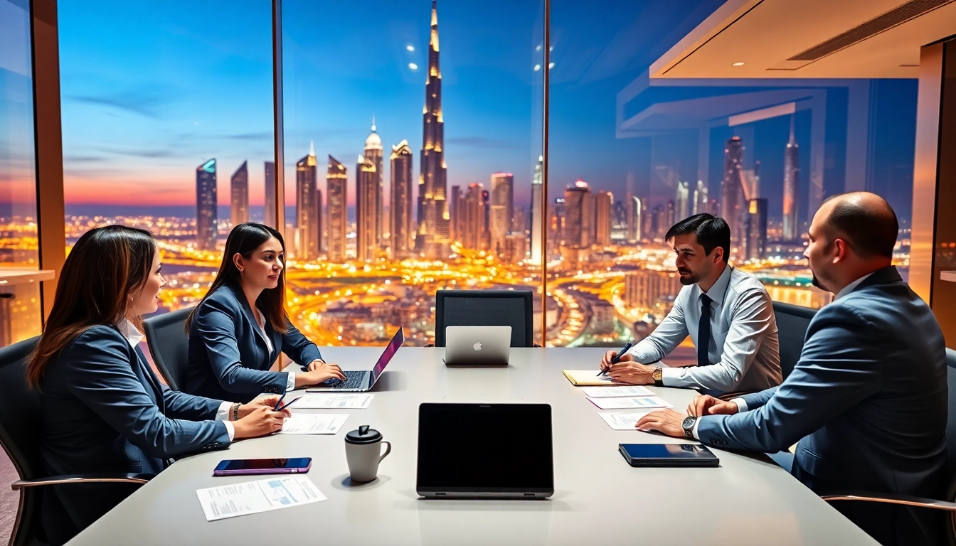 Engaged business consultants in Dubai discussing strategy at a modern workspace.