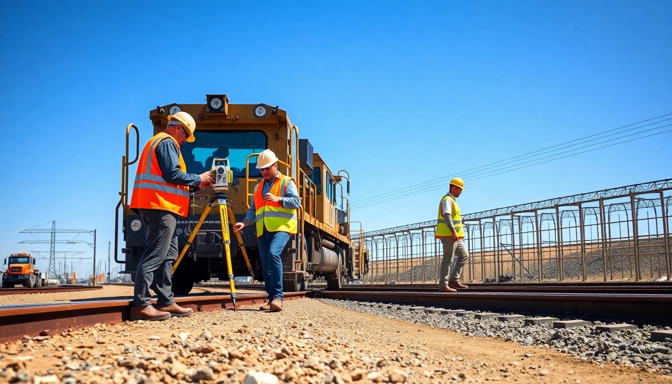 Railroad Contractors collaborating on a construction site with heavy machinery in action.