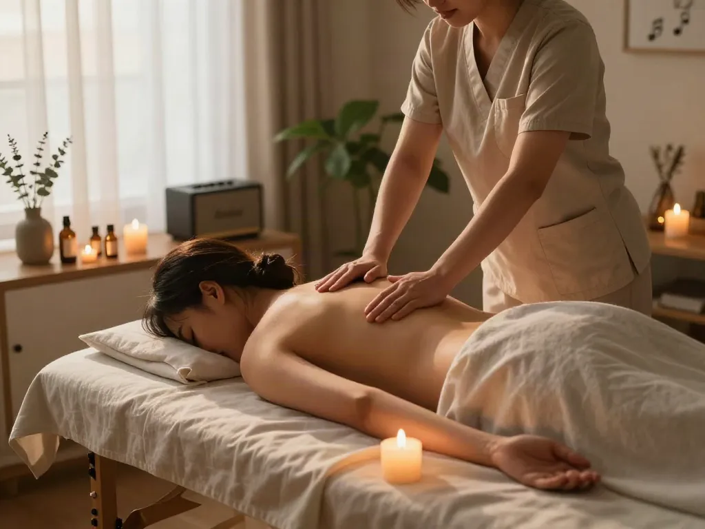 Experience the soothing 상봉동출장마사지 in a tranquil home setting with warm light and calming atmosphere.