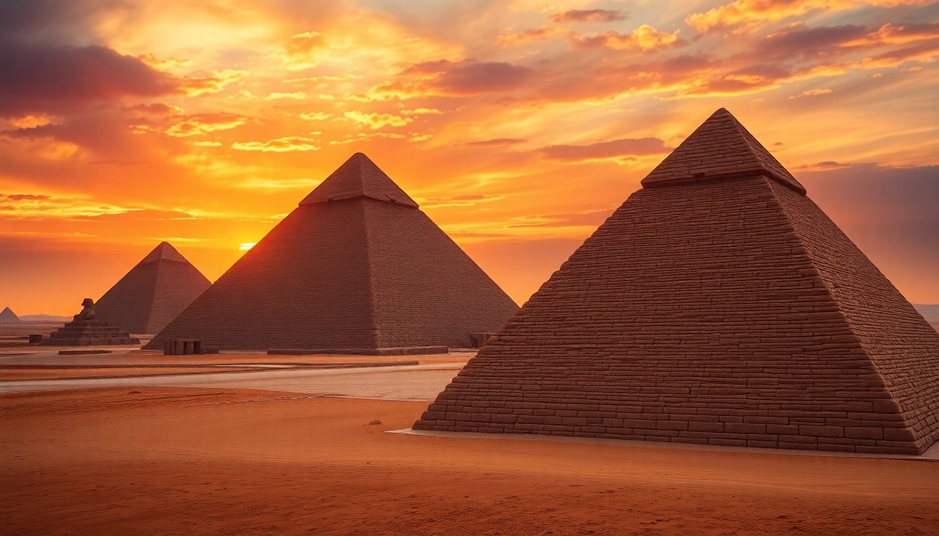 Admiring the majestic piraminds against a colorful sunset sky in Giza.