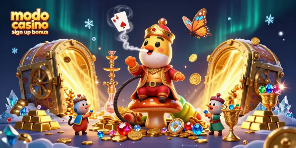 Experience winning with the modo casino sign up bonus, featuring a vibrant casino illustration of golden coins and poker symbols.