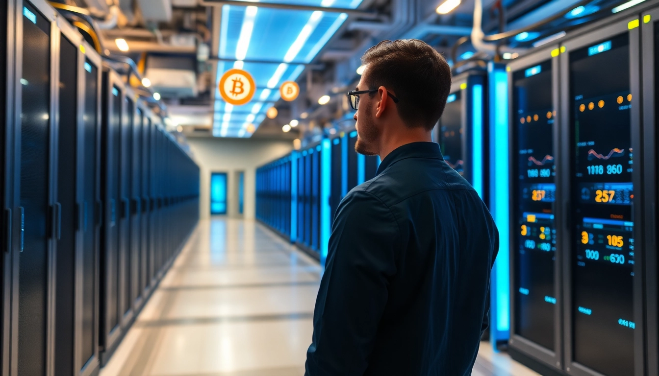 Top cloud mining data center with advanced mining rigs and professional operator monitoring performance metrics.