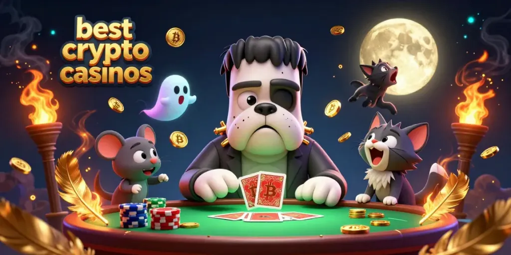 Engaging scene of the best crypto casinos with characters and currency elements surrounding a gaming table.
