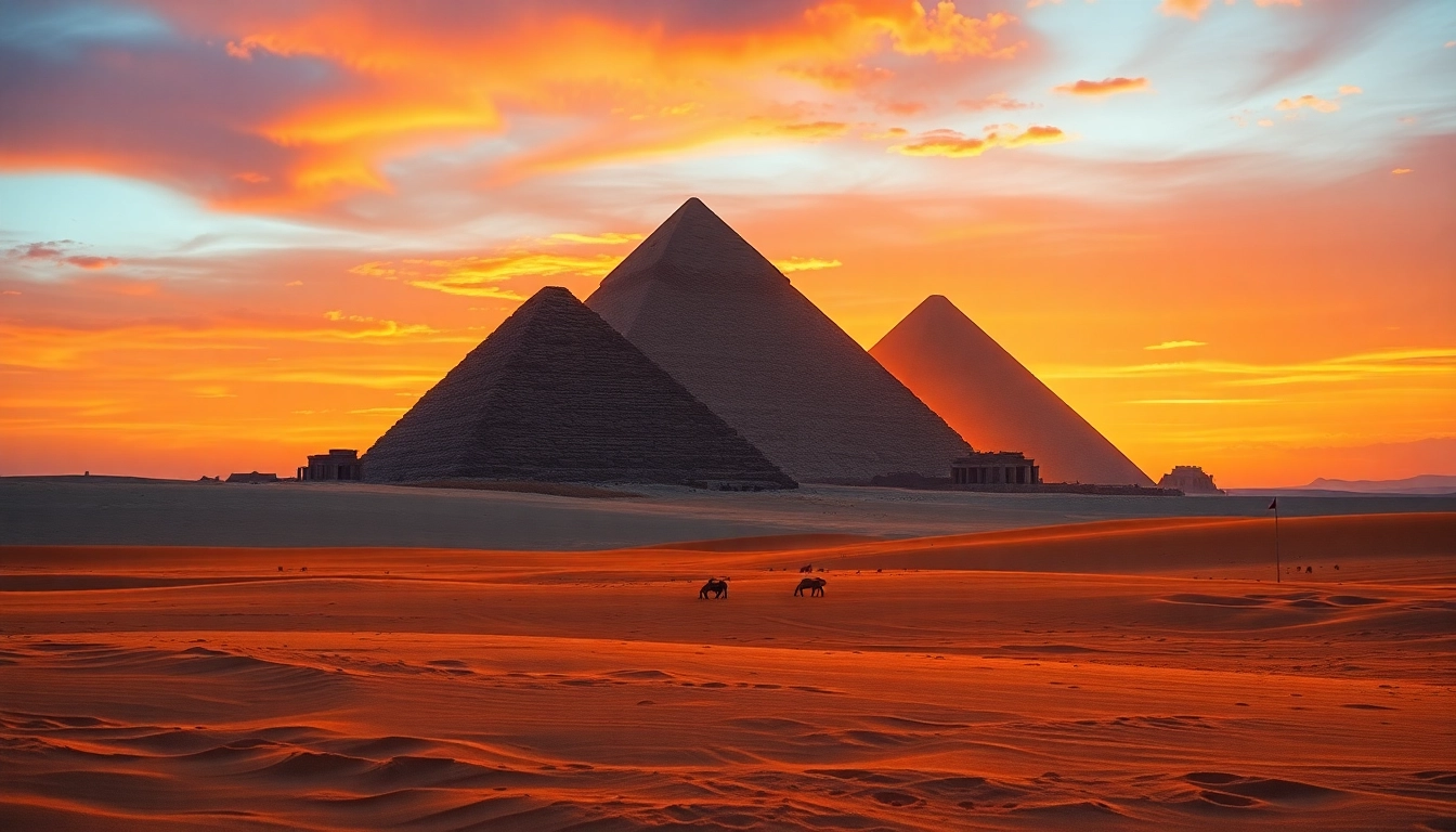 Visually striking view of the Great Pyramids of Giza at sunset, linking to https://piraminds.com/ for detailed exploration.