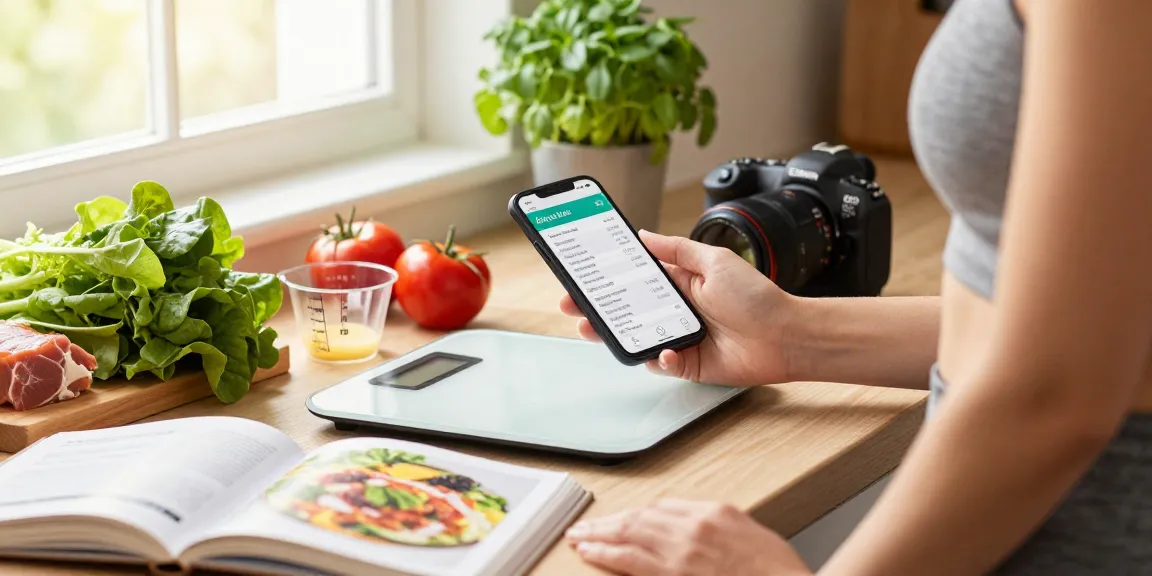 Person using the best nutrition tracking app in a bright kitchen with fresh ingredients, a digital scale, and healthy meal plan.