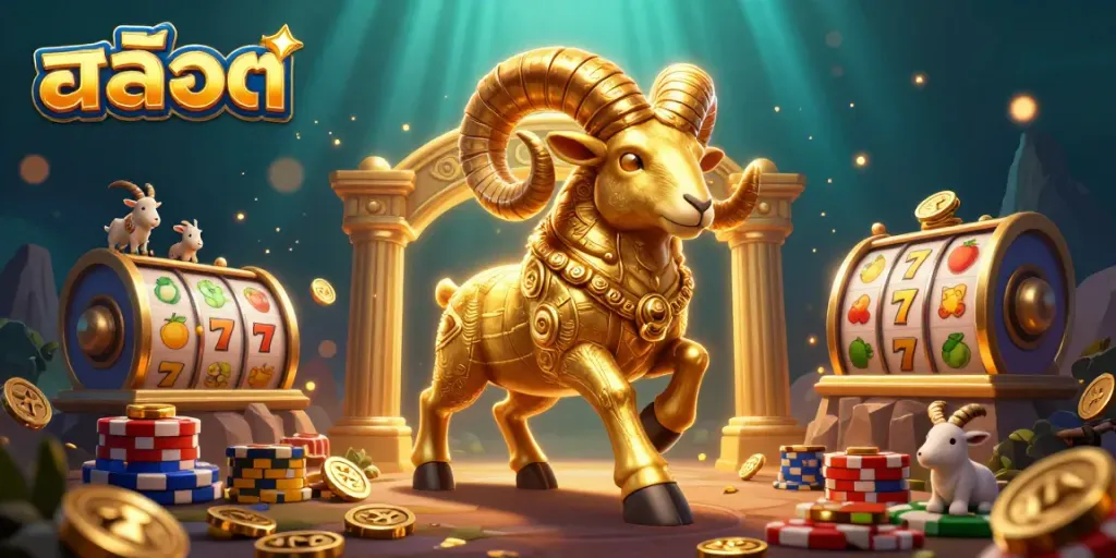 Engage in thrilling สล็อต gameplay with a dynamic scene showcasing golden elements and slot symbols.