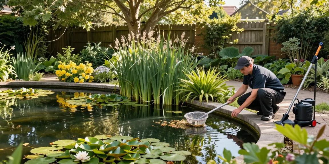 Pond Cleaning London - Professional cleaning of a peaceful garden pond with aquatic plants and tools.