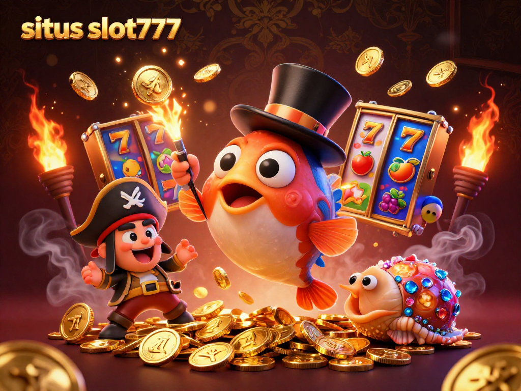 Spark winning action at situs slot777 with vibrant slot reels and animated characters surrounding golden coins.